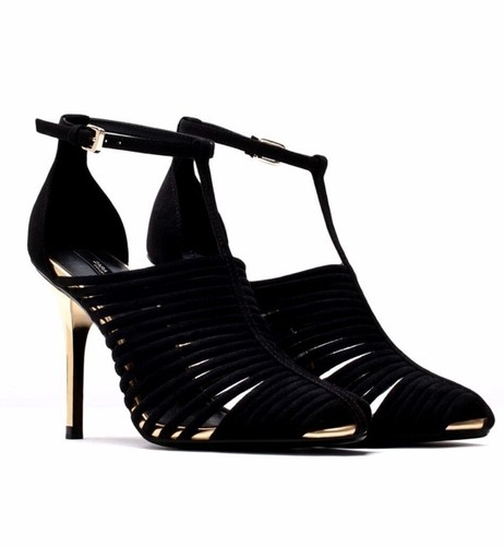 Zara Nero Pelle Oro Tacco Alto Scarpe UK4 EUR37 US6.5 Ref 6463 301 - Foto 11 di 21