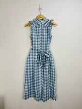 Boden Dress Women Size 10 Blue White Gingham Check Sleeveless Shirred Buttoned