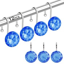 Shower Curtain Hooks Rings for Bathroom Stainless Steel Rhinestones Blue 12 PCS
