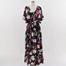 Anthropologie Kindred Maxi Dress Size XL Black Floral Smocked Ruffle Cottagecore
