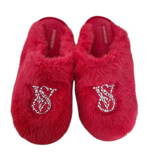 PINK Victoria Secret PINK Faux-Fur Closed-Toe Slipper Red Tulip Bling Logo M