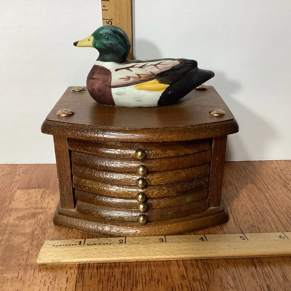 Juego de 6 posavasos vintage de madera y corcho de pato mallardo con carrito de almacenamiento Foto 2 de 4