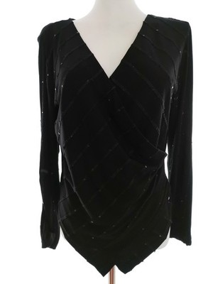 BANDOLERA Damen Wickelbluse Gr. M Schwarz Langer Ärmel Pailletten Einfarbig