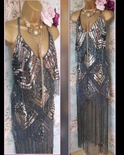 Asos silver Black beaded tassel 20s deco Evening Party long Dress Gatsby xmas 10