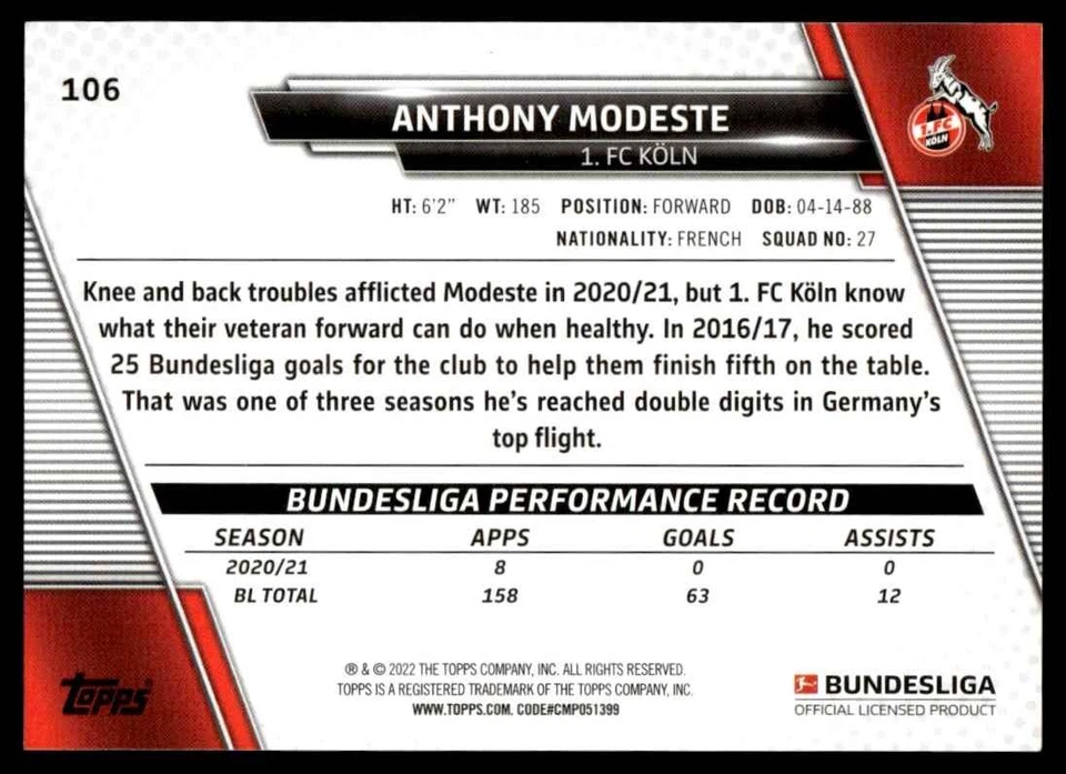 2021 Topps Bundesliga Anthony Modeste #106 21563 - Image 2 of 2