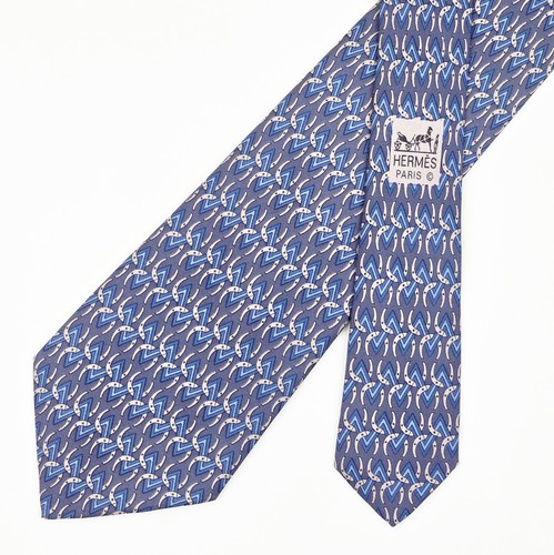 Hermes Tie Silk Necktie 7119 FA Horse Bit & Ribbon Striped on Blue