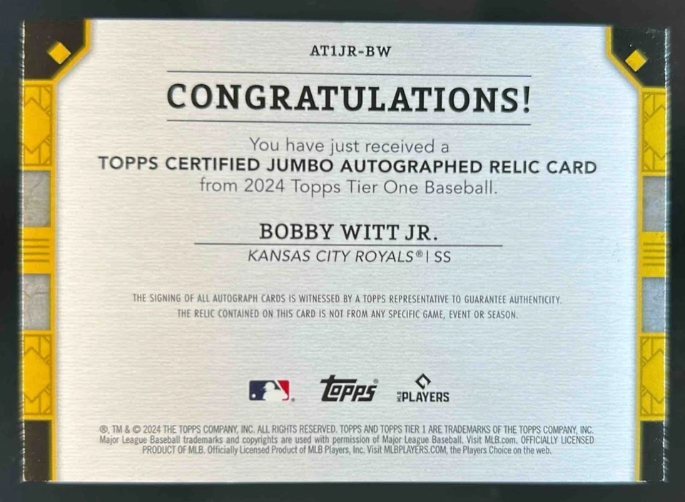 2024 Topps Tier One Bobby Witt Jr. Auto Relics Jumbo Buttons #1/5 Royals - Image 2 of 2