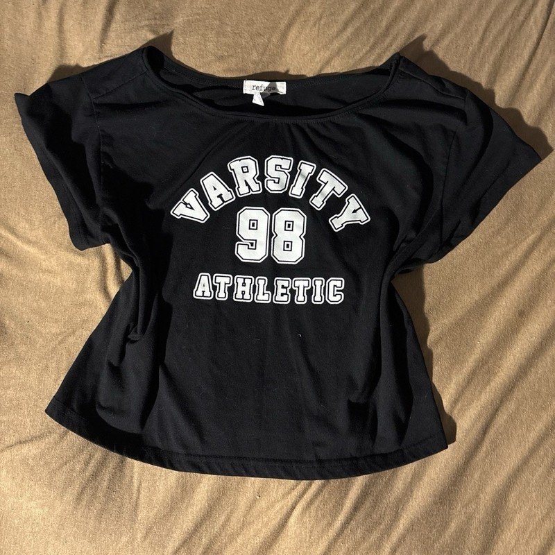 Refuge Womens XL Black Varsity 98 Graphic Athletic Scoop Neck Short Sleeve Tee