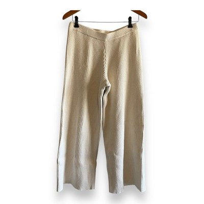 Haven Well Within Womens Medium Ivory Ribbed Knit Wide Leg Cotton Pants Cream
