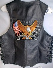 Vtg Hillside USA Leather Vest Black With POW Patch Eagle Flag Size 42 READ