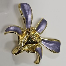 Beautiful Goldtone Orchid Brooch With Purple Enamelled Detail Costume Jewellery