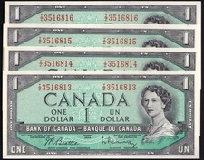 Lot Of 4 Consecutive Canada 1954 $1 One Dollar Banknotes Choice UNC