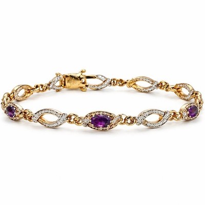 Amethyst and Diamond Accent Gold Tone Link Bracelet 7.25 Inch Two Tone Clasp