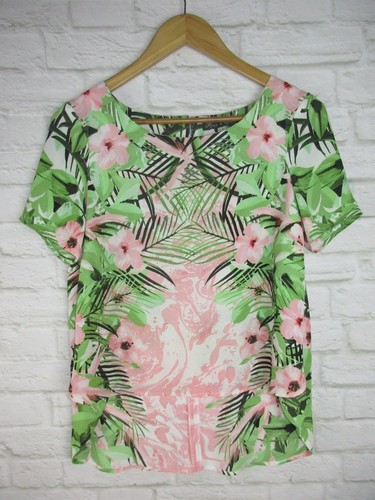 Rose & Olive women's size Small Pink and Green Tropical Floral High Low Top GH2 - Picture 8 of 9