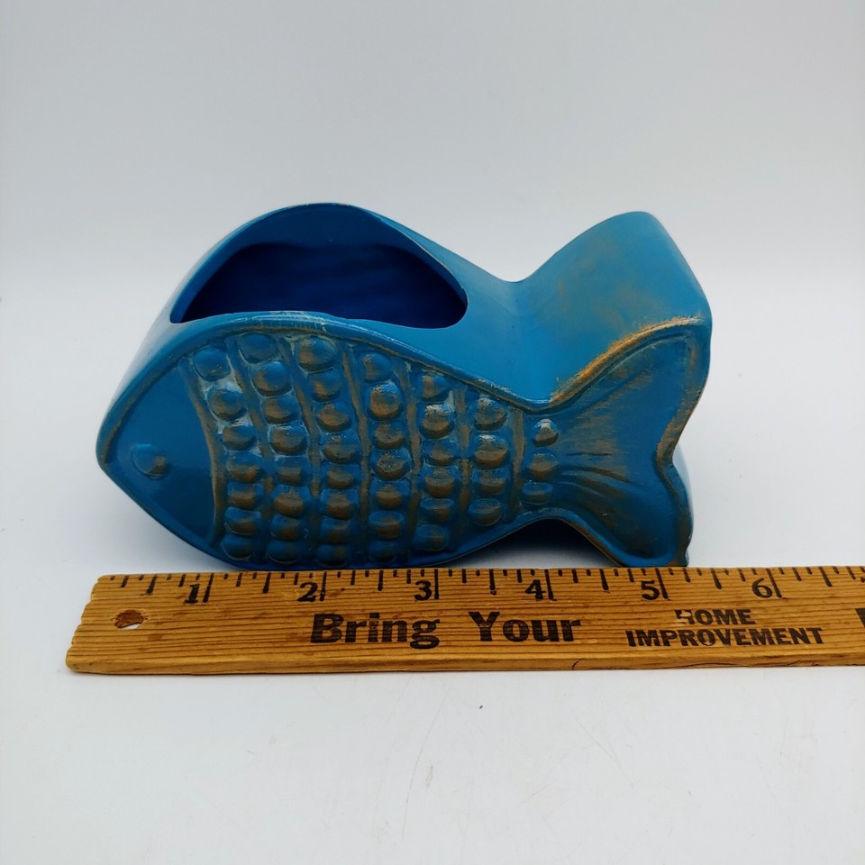 Ceramic Fish Shaped Planter Vases 5" Small Bright Blue Yellow Country