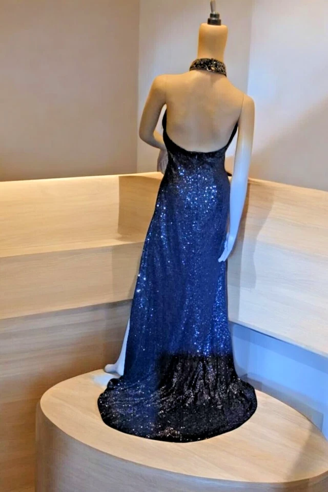 Sequin beaded Maxi SHERRI HILL Ladies Halter dress size 2 black Prom Party HQ - Image 3 of 4