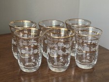 6 x VINTAGE 1950s set engraved sherry liqueur tot glasses gold bands stars 100ml