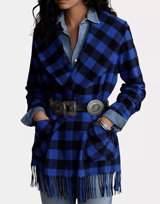 Polo RALPH LAUREN KARIERTE JACKE Tartan blau Gürtel Cardigan Fransen Gr. L LARGE