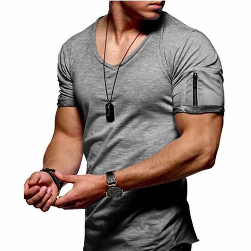 Mens Muscle Top Slim Fit Gym T Shirt V Neck Short Sleeve Plain Casual Tee Shirts - Picture 14 of 20