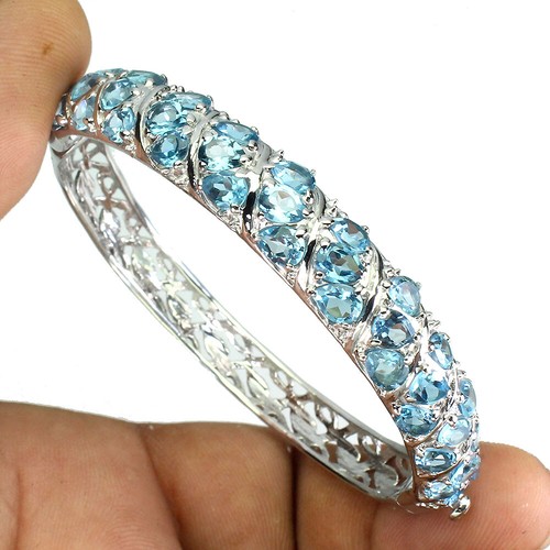 925 Sterling Silver Bangle Pear Swiss Blue Topaz Natural Gemstone Jewelry Gift - Picture 2 of 10