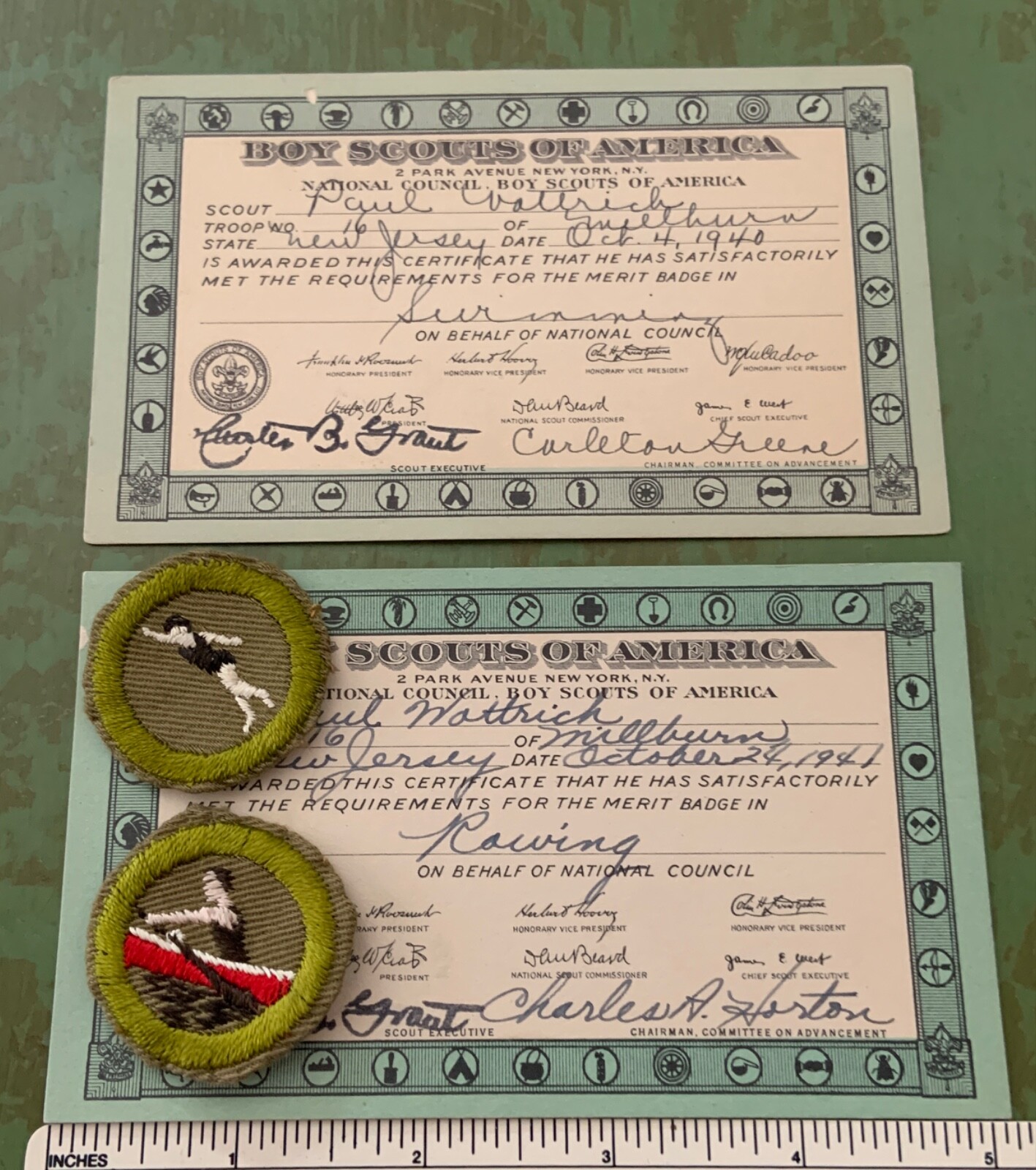 FILA Distintivo merito boy scout vintage anni 40 CANTAGGIO E NUOTO TOPPE e CARTOLINE New Jersey