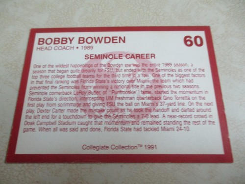 BOBBY BOWDEN AUTHENTIC SIGNED/AUTOGRAPHED CARD #60...FLORIDA STATE SEMINOLES - Picture 3 of 3