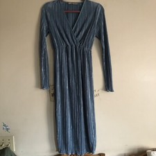 ASOS DESIGN V Neck Crinkle Ribbed Long Sleeve Dress Size US 4 Blue Teal