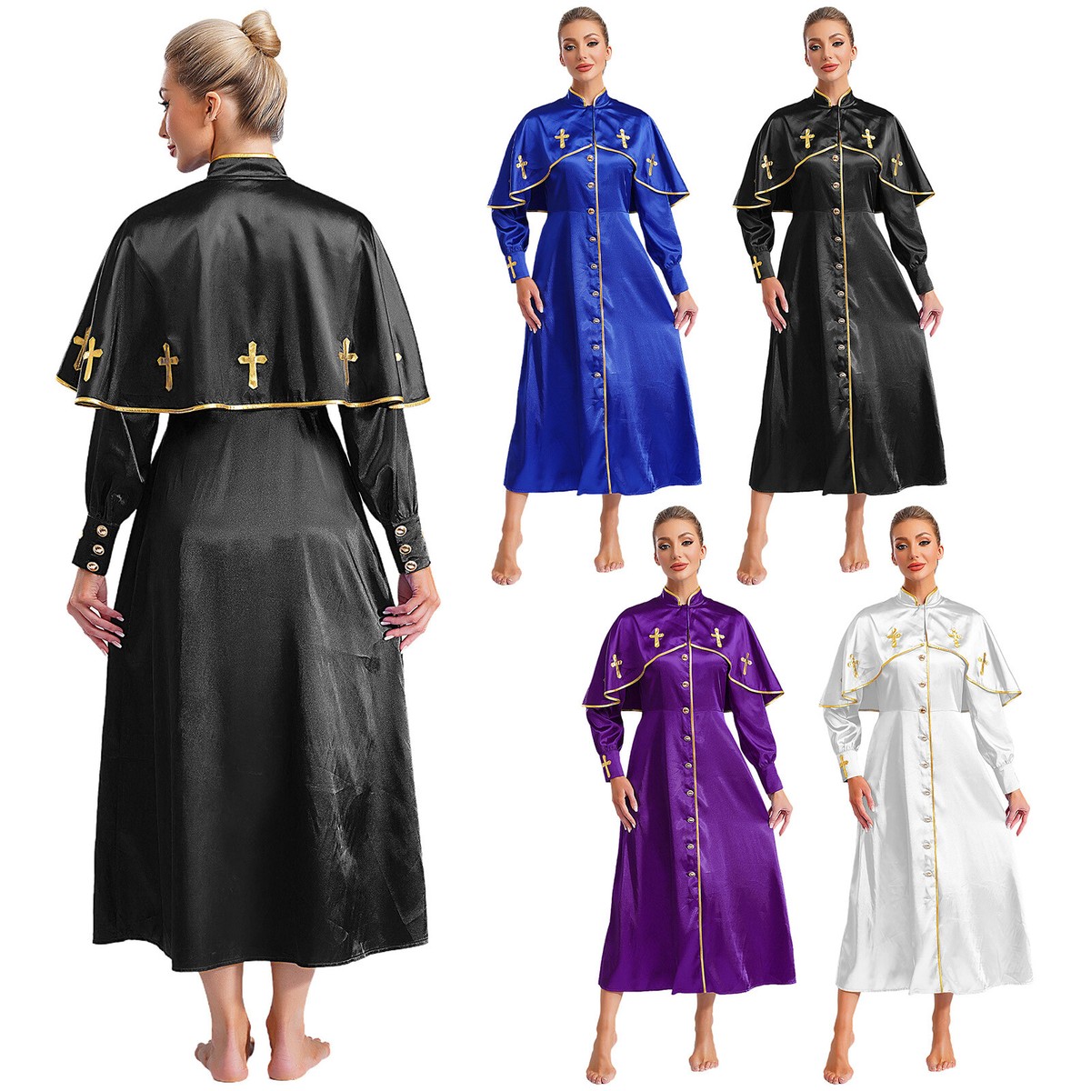 Women Minister Robe Button Down Church Stand Collar Choir Dress