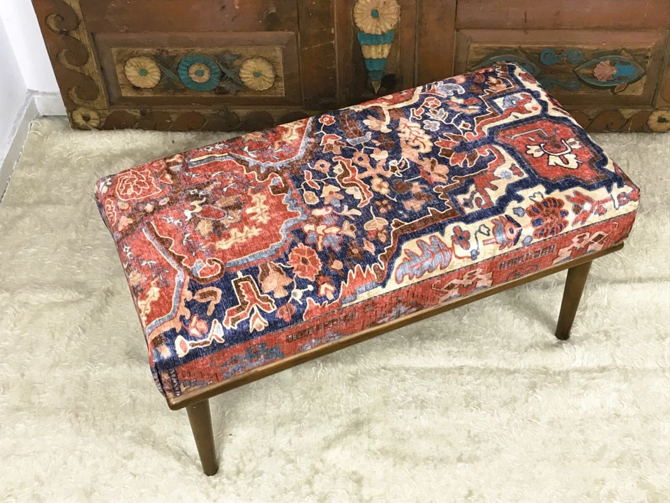 Handmade Kilim Upholstered Ottoman Footstool Piano Entryway Bedroom Bench - Image 3 of 4