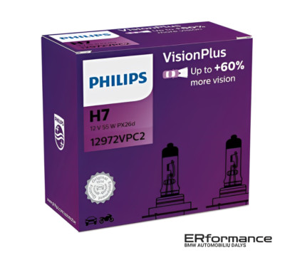 Philips VisionPlus DuoPack H7 Halogen up to 60% More Light 55W 12V Car Lamps