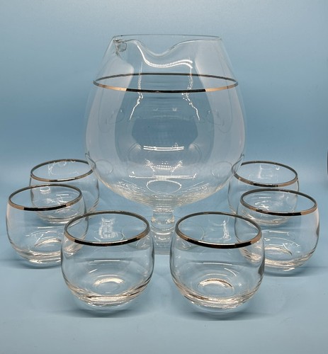 Set Of MCM Dorothy Thorpe Style Pitcher Decanter 6 Roly Poly Silver Trim Glasses - Picture 2 of 23