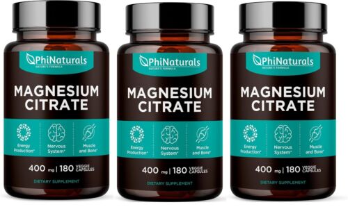 3 Pack Magnesium Citrate 400mg 180 Caps Vegetarian/Gluten Free/Non-GMO Phi