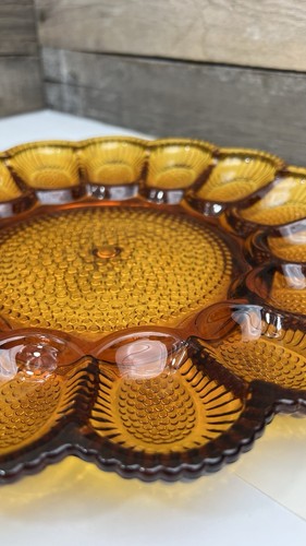 Indiana Hobnail Bubble Depression Glass Deviled Egg Plate 15 Eggs Amber ๐ค - Picture 9 of 13