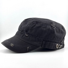 Vintage Black Herringbone Military Cadet Cap Distressed Y2K Patrol Grunge Hat
