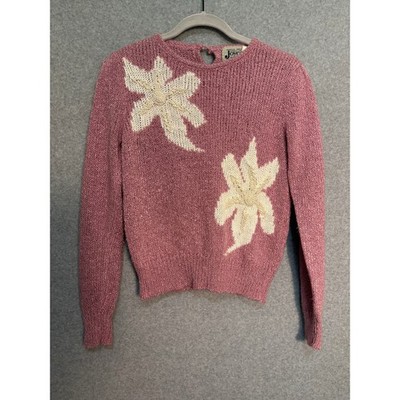 Vintage 80s Joyce Pink Floral Sweater Small Beaded Shoulder Pad Cottagecore