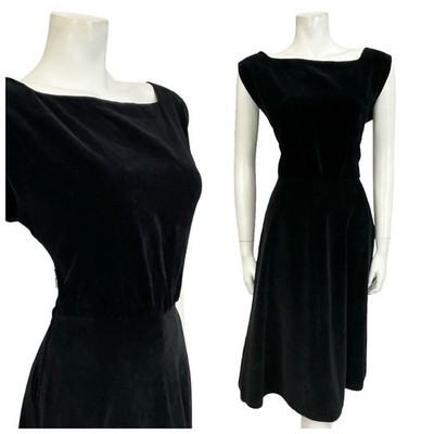 VINTAGE 60ER 70ER JAHRE SCHWARZ SAMT QUADRATISCHER AUSSCHNITT ÄRMELLOS ROCKABILLY SWING KLEID 10 12