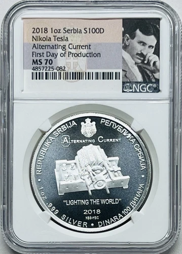 2018 SERBIA 100D 1oz .999 Silver Nikola Tesla ALTERNATING CURRENT NGC MS70 FDOP