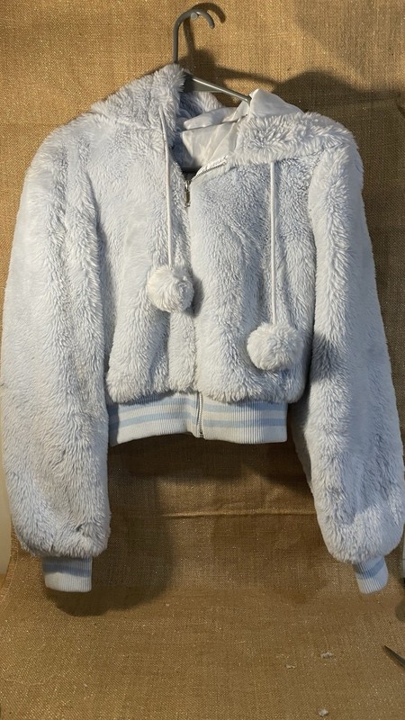 Forever 21 Hello Kitty & Friends Women's Blue Bomber Jacket M Full Zip Pom-Pom
