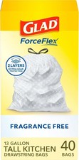 Glad ForceFlex Tall Kitchen Drawstring Trash Bags, 13 Gal, Fragrance Free, 40 Ct