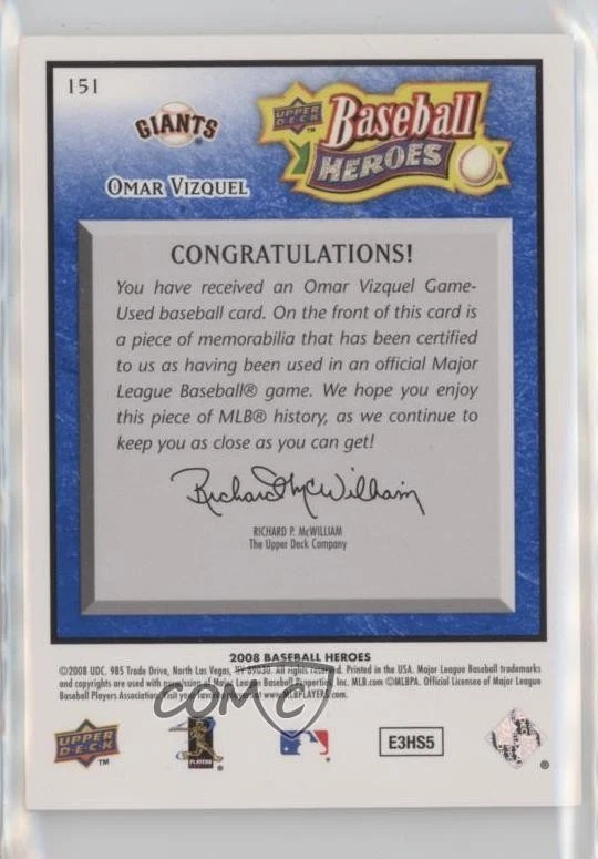2008 Upper Deck Baseball Heroes Navy Blue Memorabilia /50 Omar Vizquel #151 - Image 2 of 2