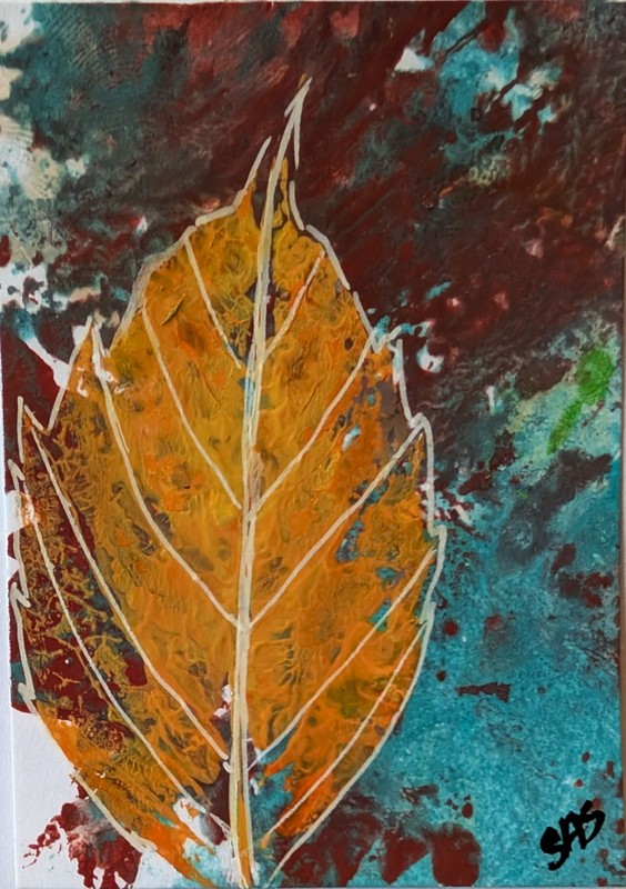 ACEO Art Card, Fall, Plant Pressing , Acrylic, Botanical, Outsider , Brut Art