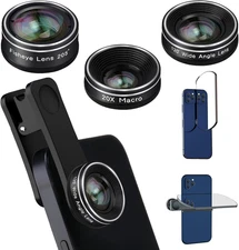 Phone Camera Lens Kit – 198° Fisheye, 120° Wide-Angle & 20X Macro Lenses for iPh