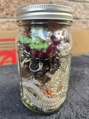 Jar Full Of Jewlery. Lots Of Rock Jewlery & Pearls. 2 Rings And Misc. Items