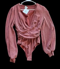 Maroon Ribbed Long Sleeve Deep V-Neck Stretch Bodysuit Size Large
