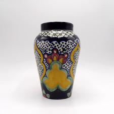 "Florero de cerámica artística vintage Talavera La Corona Tlaxcala México hecho a mano 6 5/8"" H"