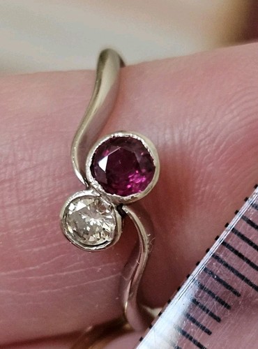Platin kein 18kt oder 9kt Weißgold Rubin Diamant Ring Art Deco 20er Jahre toi et moi - Bild 9 von 18