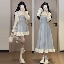 Women Splice Fake Two-piece Dress Ruffle Long Sleeve Slim Fit S-2XL Short/Long