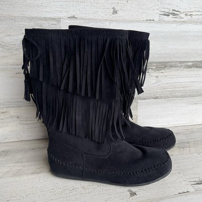 Mudd Boots Youth 5 M Effie Fringe Booties Black Suede Side Zip Round Toe Casual