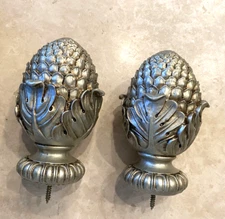 2x Wooden Pine Drapery Curtain Rod Finials Fits 2” Rod - Screw On - Silver