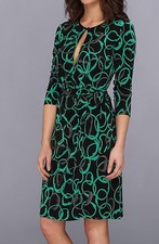 Nine West Green/Black Lynx Print Wrap Stretch Jersey Dress w/Keyhole, 4R - $98